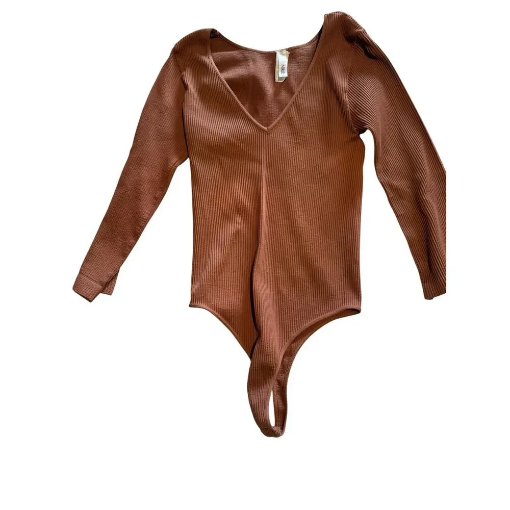 Nikibiki Ribbed Long Sleeve V-Neck Bodysuit, Brown One Size Stretch Opaque